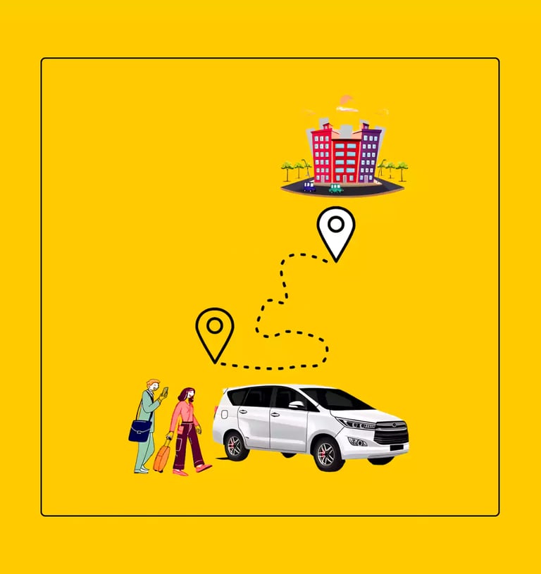 Reliable outstation taxi service featuring a white SUV, passengers with luggage on a yellow background