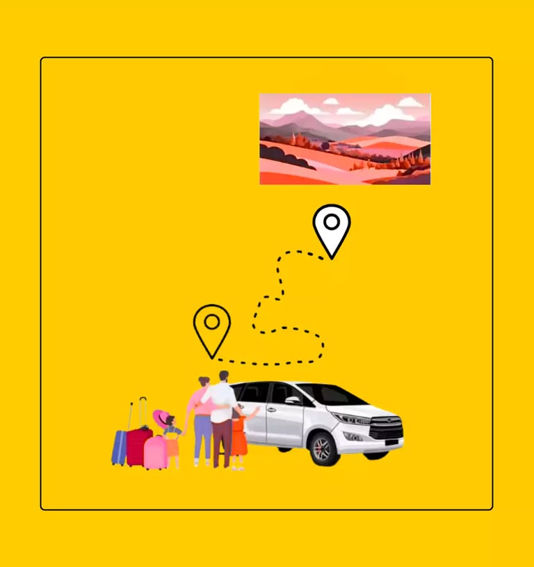 Tour package taxi service featuring a family with luggage, a white SUV on a yellow background