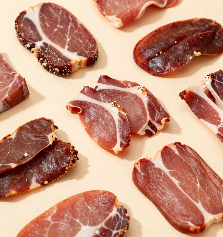 Artisanal dried meat strips with chili flakes on a dark slate plate