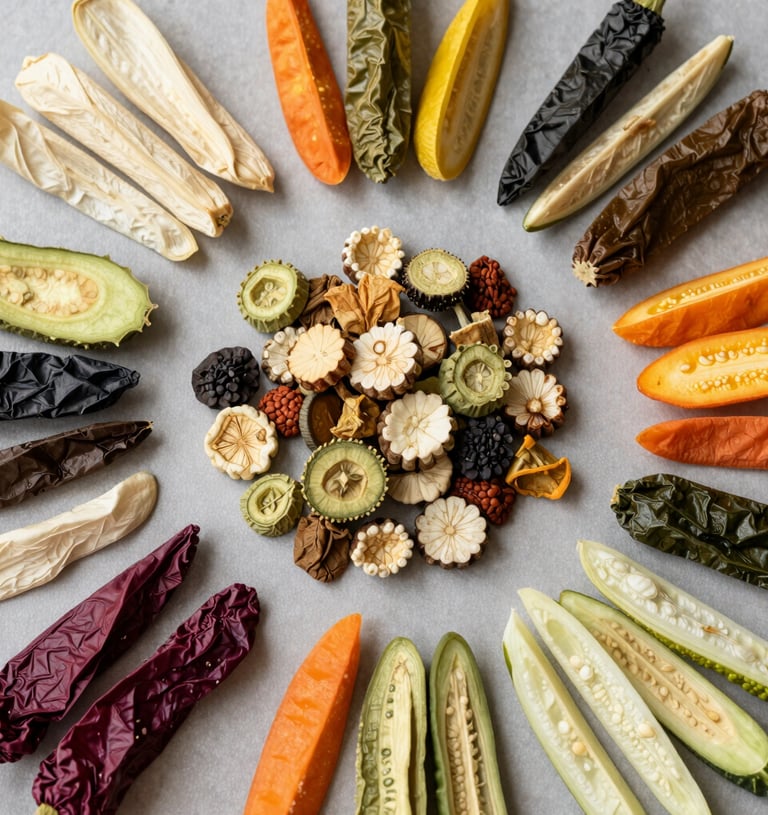 Colorful dried vegetable chips including beetroot, carrot, and zucchini on natural fabric