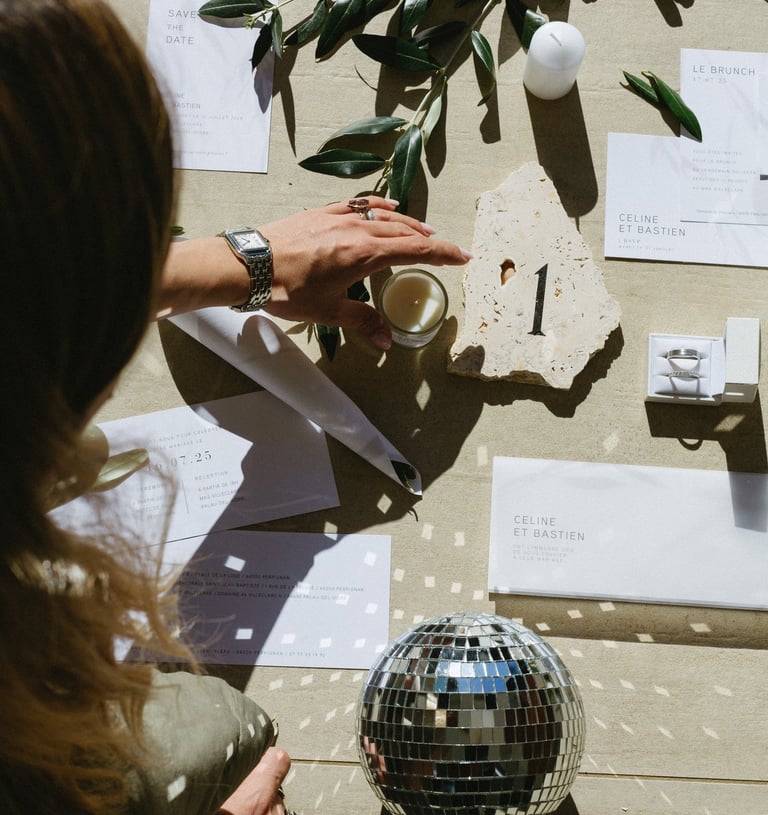 wedding planner en train d'organiser le flatlay photo du mariage