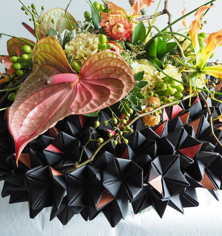 origami structured bouquet with mums and colorful flowers