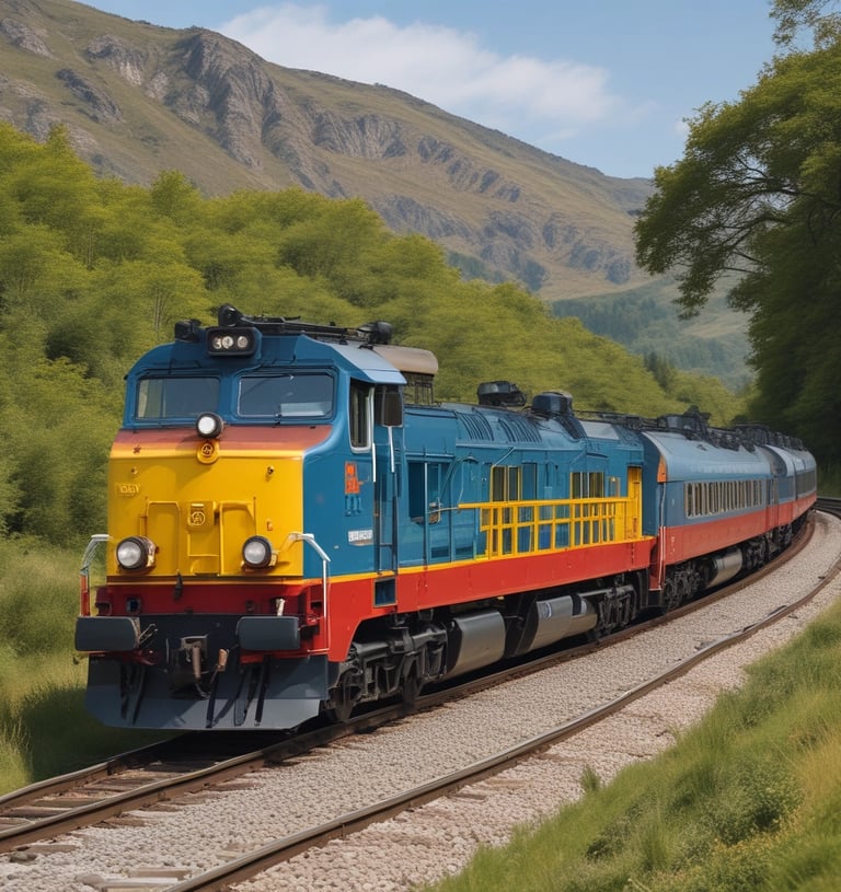 a train is coming down the tracks in the mountains