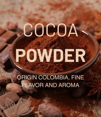 a bowl of cocoa powder with chocolate and cocoa beans