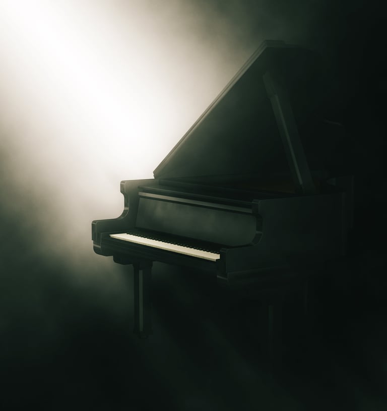 grand piano surrounded in light 