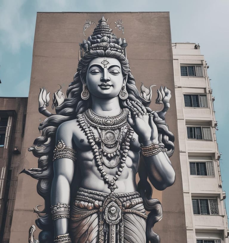 lord shiva painted on the side of a modern building 