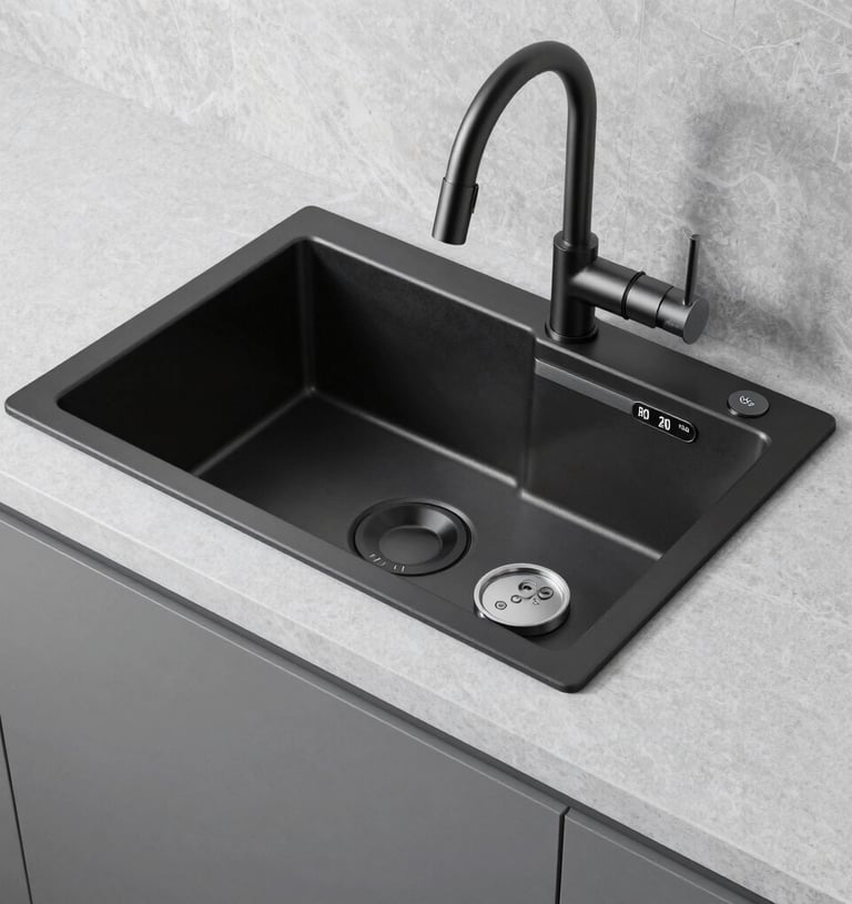 A vibrant smart kitchen sink with colorful dishes and fresh vegetables around it