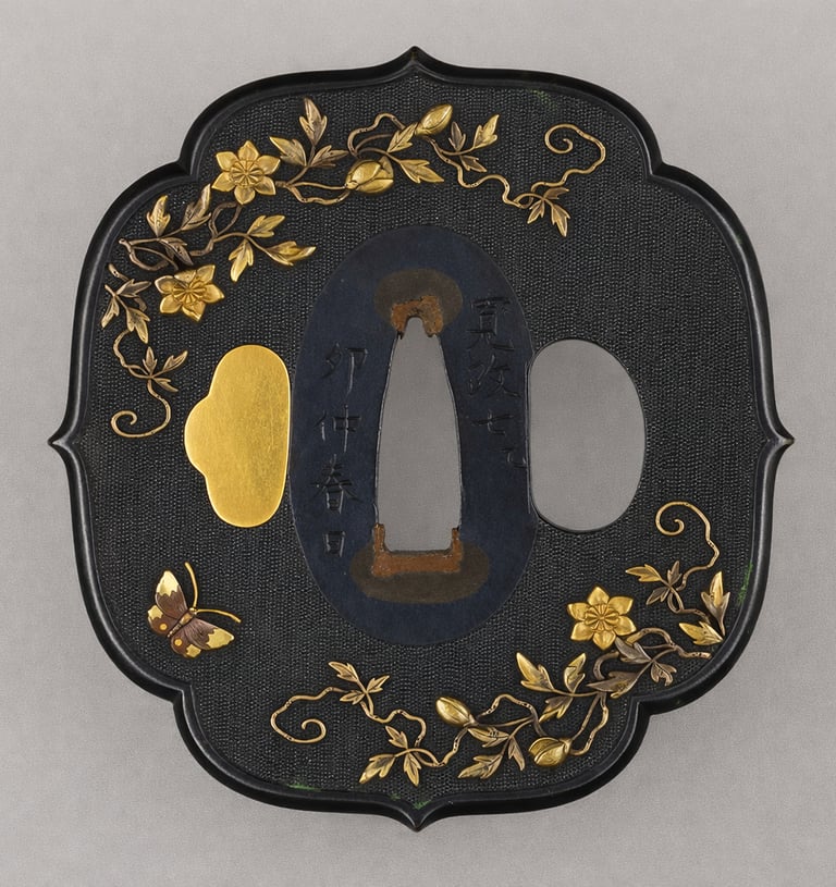 Antique Japanese katana tsuba featuring gold floral carvings and a butterfly on black metal.