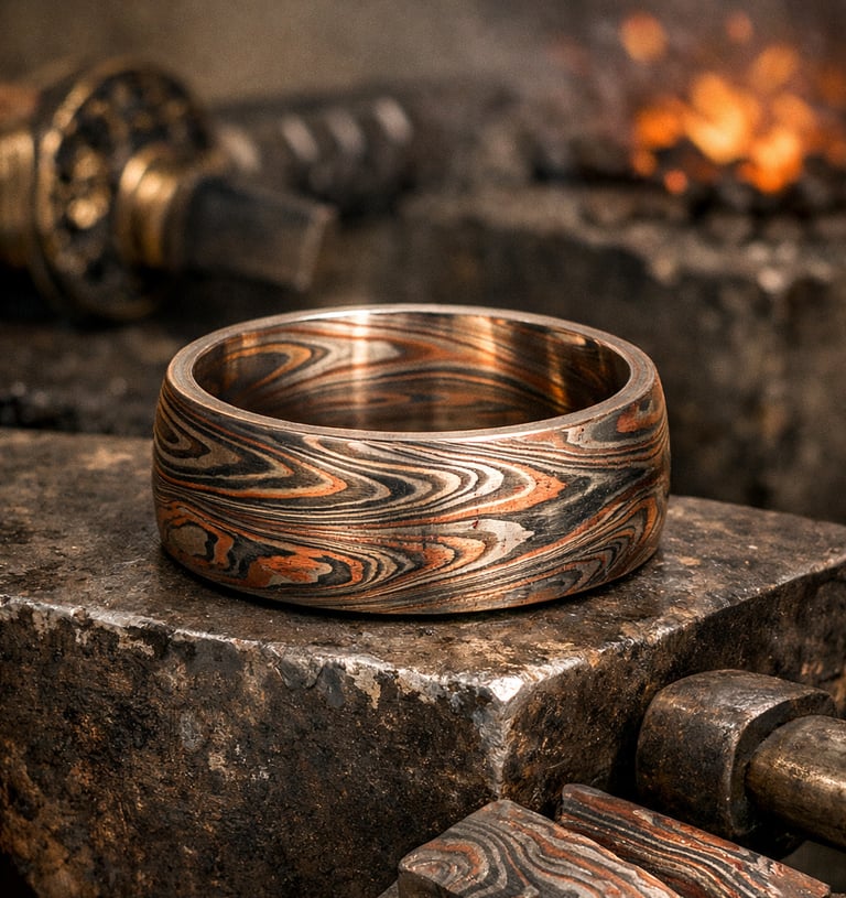 Handcrafted mokume gane wedding ring with wood grain metal patterns on a blacksmith anvil.