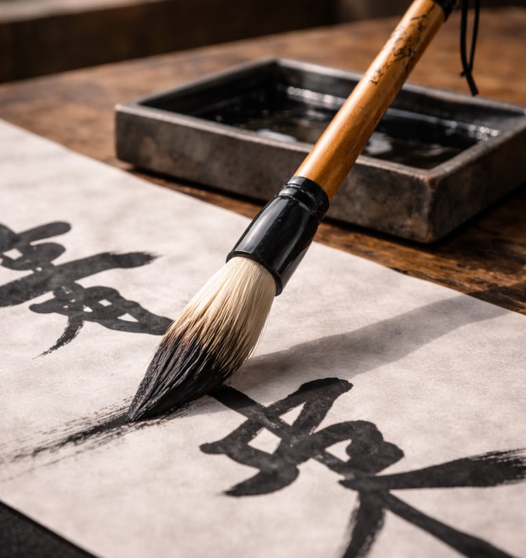 Traditional japane calligraphy brush painting black ink characters on rice paper with an ink stone.