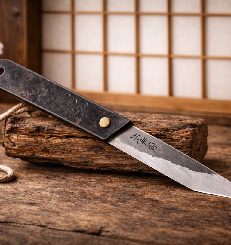 Traditional Japanese Kiridashi craft knife on a rustic wood block in a serene setting.