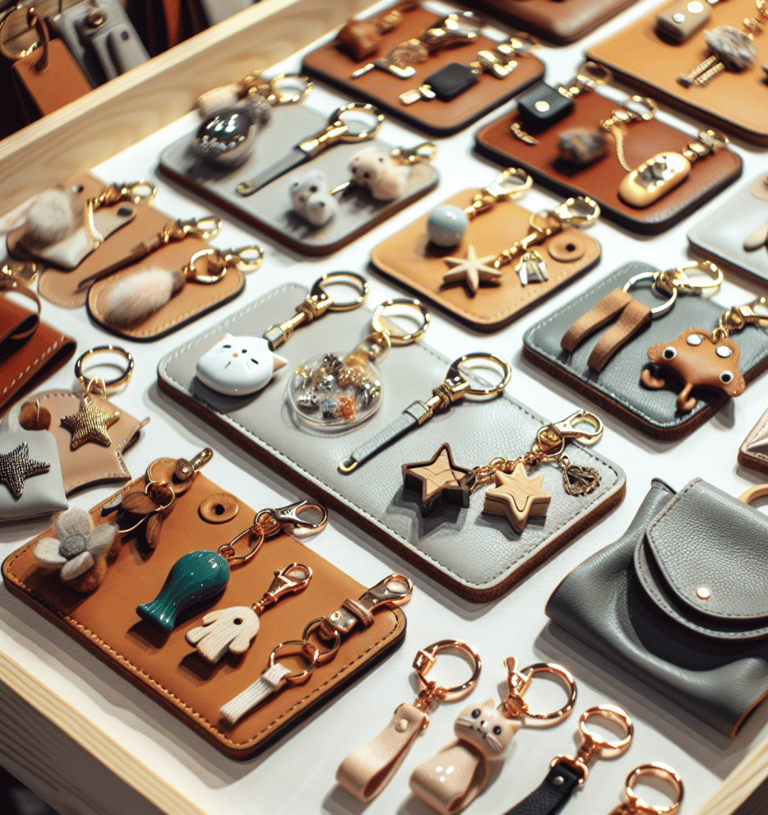 a table with many different types of bag accessories