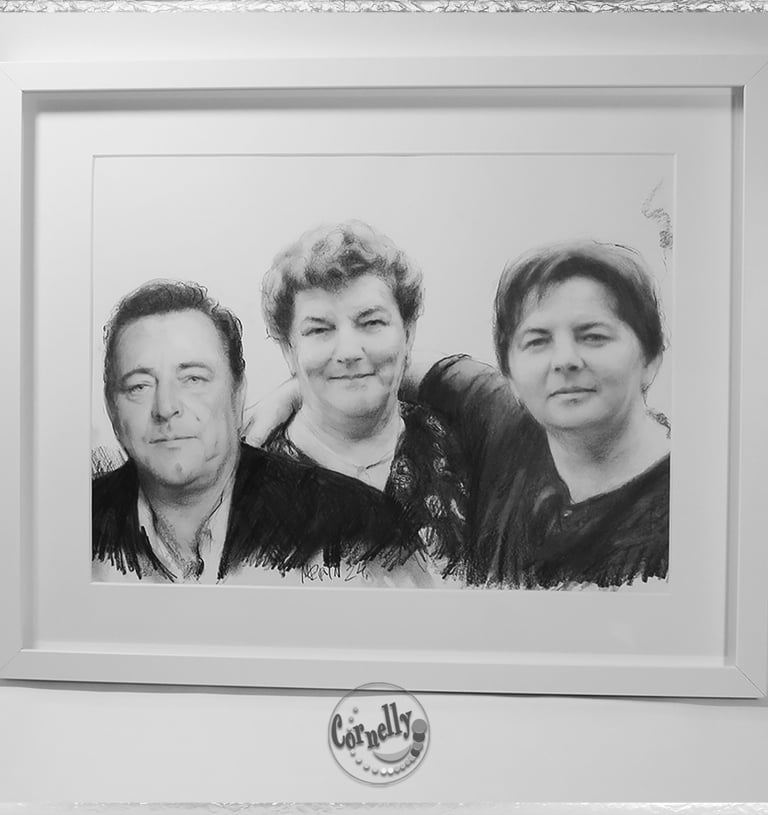 Umjetnički portret obitelji izrađen u tehnici crteža olovkom