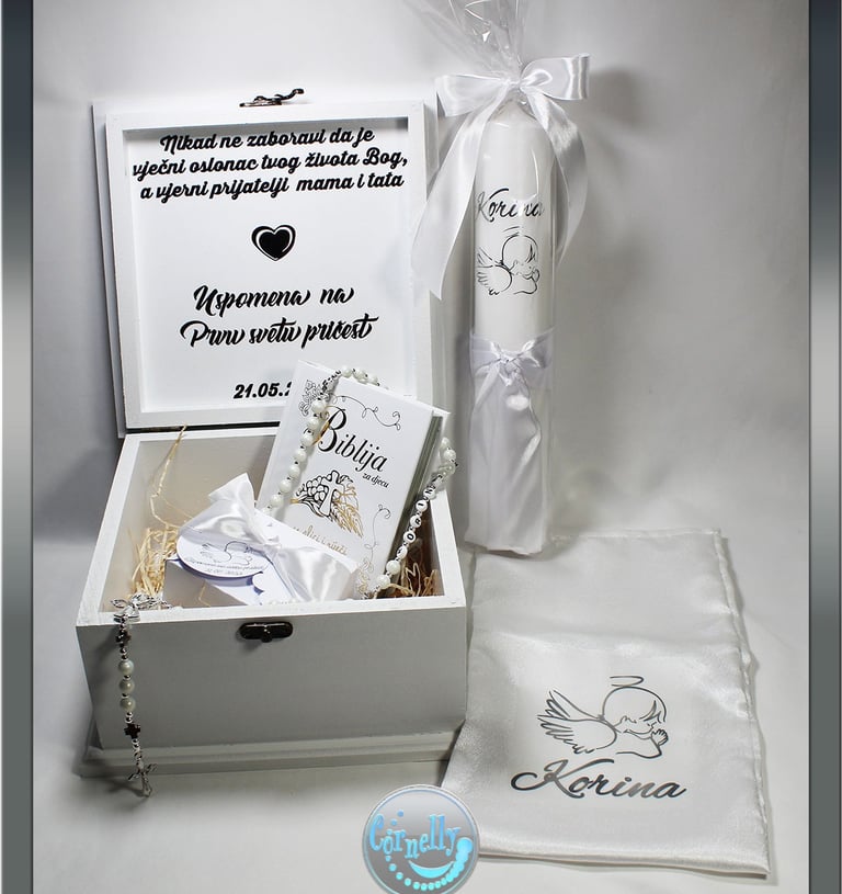 Personalizirani set za prvu pričest i krizmu s krunicom i Biblijom