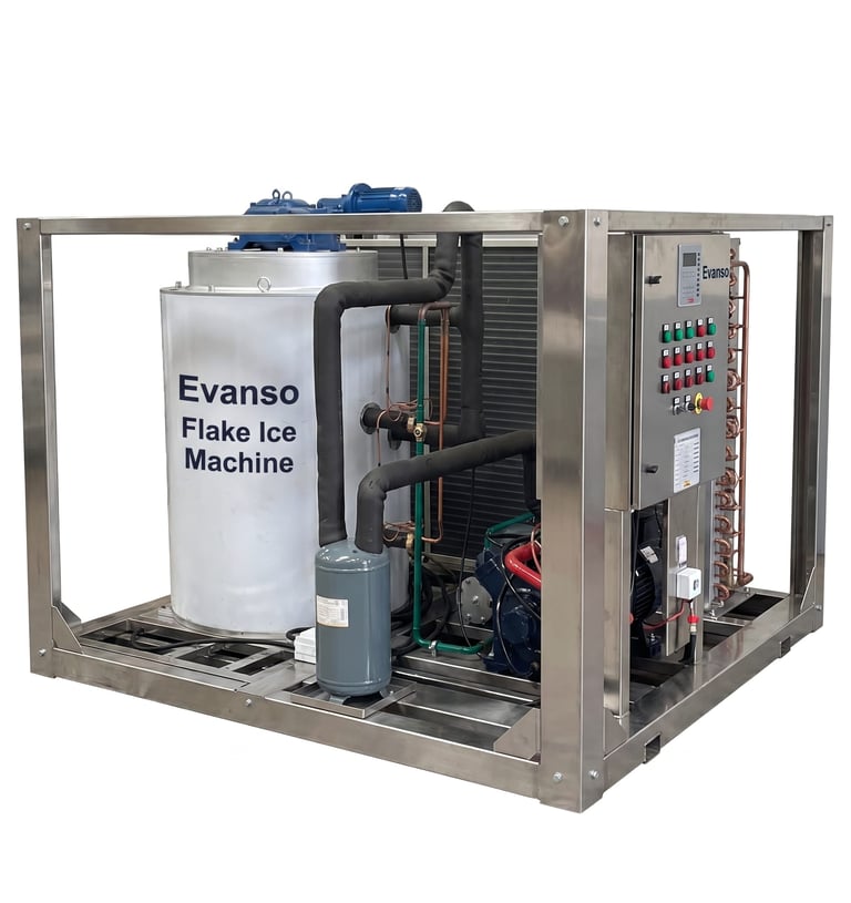 Industrial Evanso flake ice machine with stainless steel frame and control panel for commercial cooling.