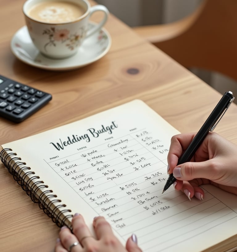 Main féminine écrivant un budget événementiel sur un carnet avec calculatrice