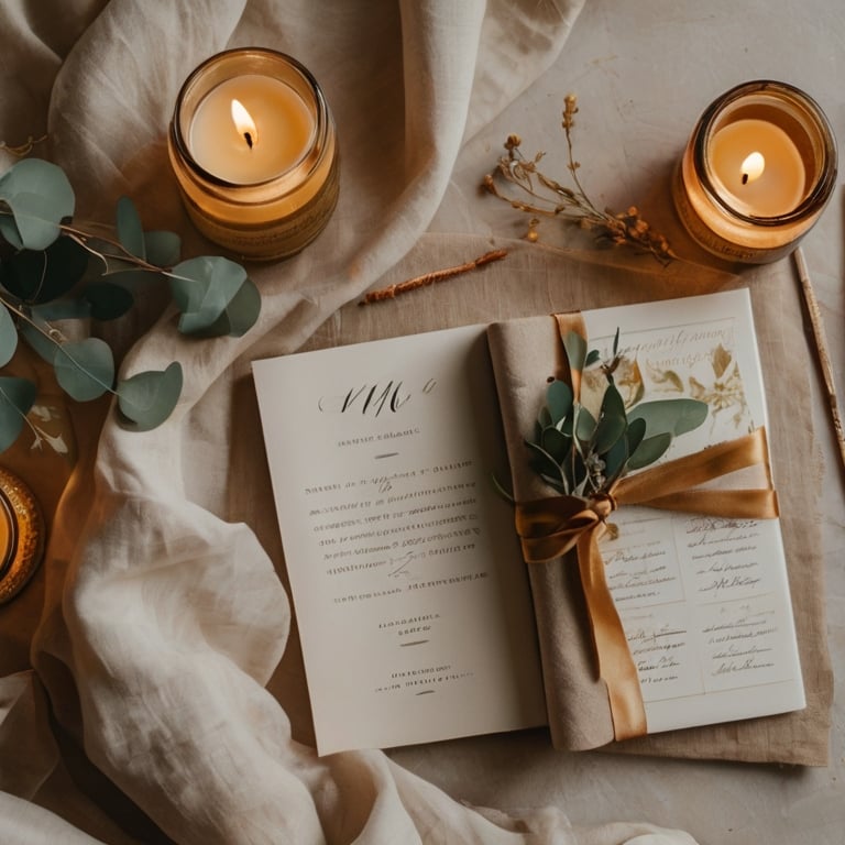 Flat lay accessoires mariage : sandales dorées, menu calligraphié