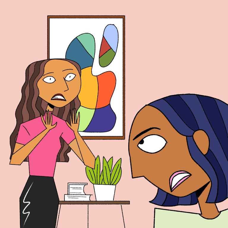 a cartoonish woman is standing in front of he friend discussing. Diane Mulolo Faida