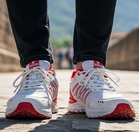 a person wearing red trail shoes and black pants