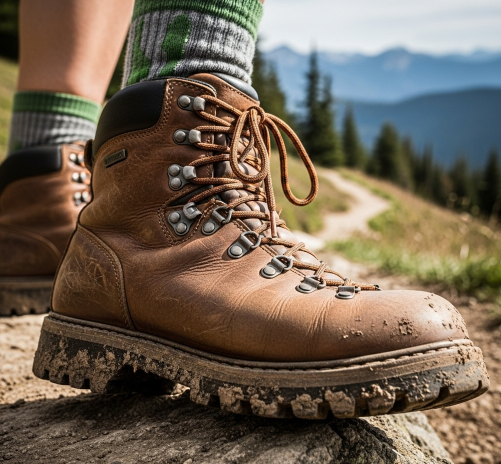 a person wearing hiking boots and socks with a mountain view