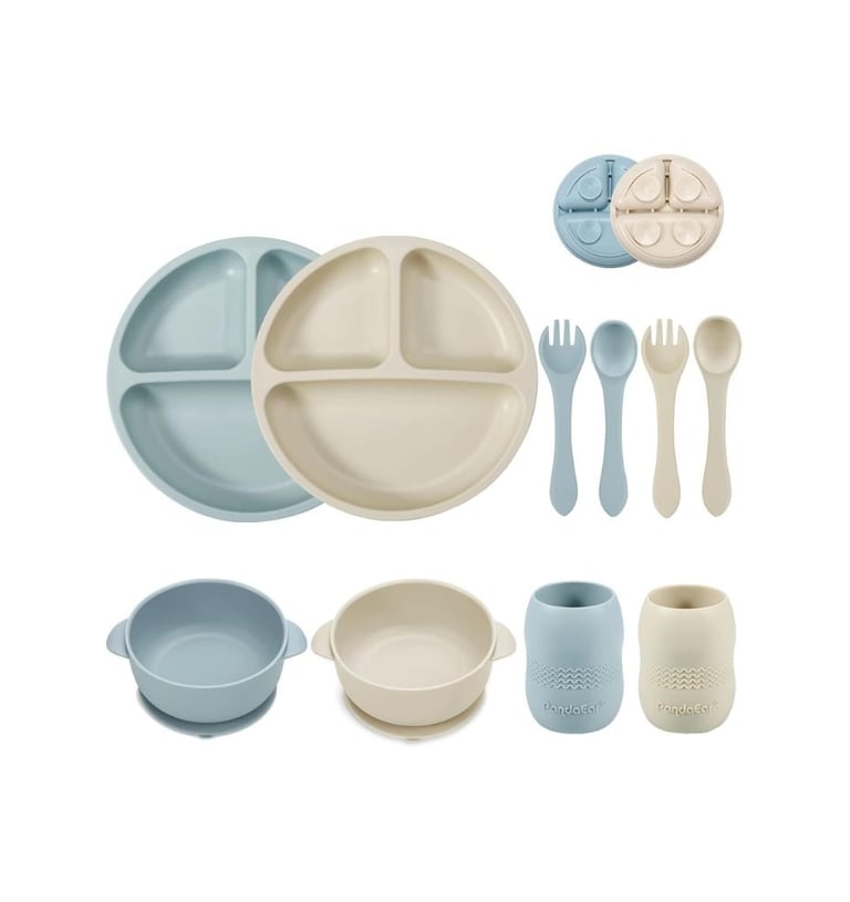 silicone baby feeding set with plates bowls spoons forks and cups