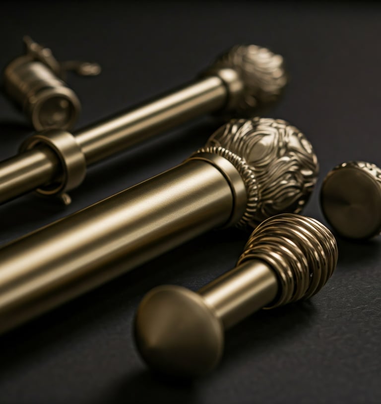 a pair of antique brass curtain rods, brackets and curtaun ends