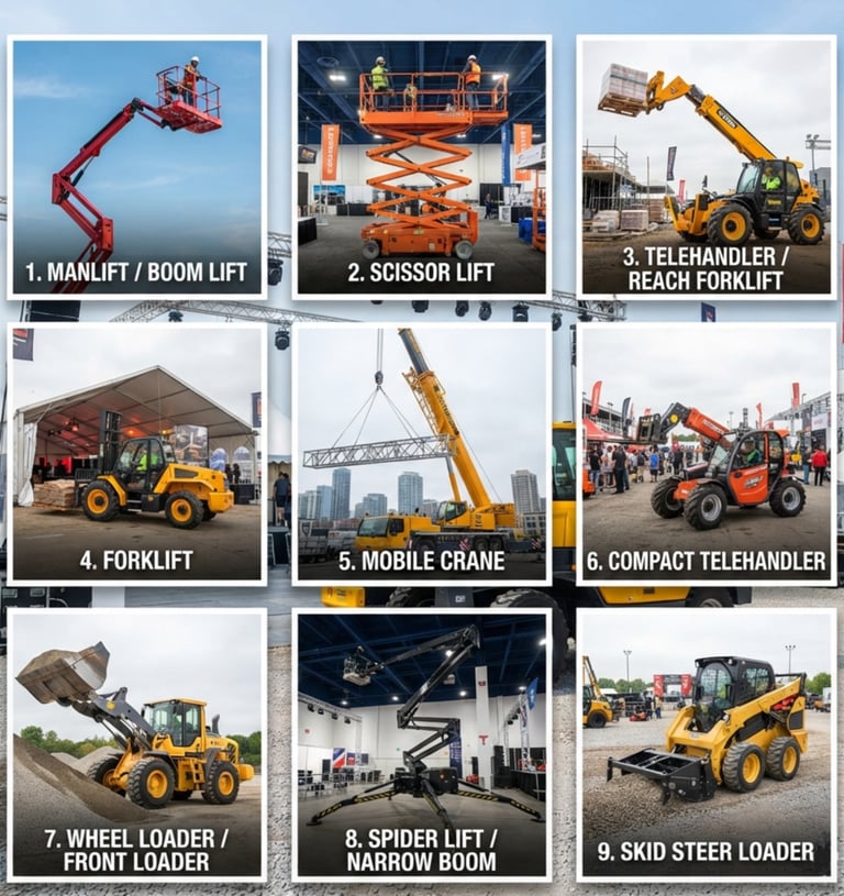 Machinery rental: manlift, scissor lift, crane, telehandler.تأجير كرين رافعات مان لفت سيزر فوركليفت