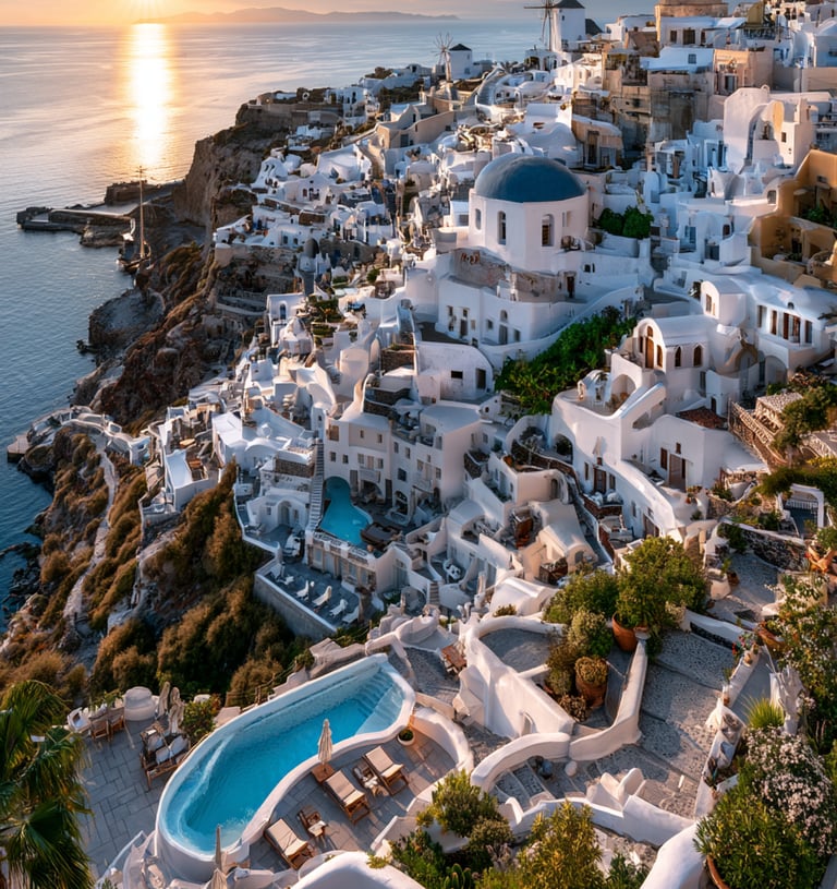 Sunset over Oia, Santorini, featuring white cliffside buildings, blue domes, and luxury pools.