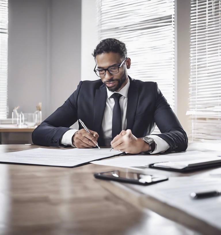 a man in a suit and tie is sitting at a desk