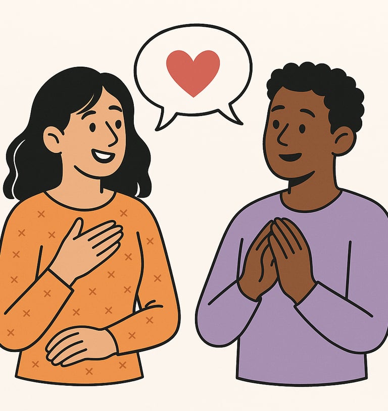 A 2D digital illustration of two illustrated characters, a man and woman, sitting across from each other talking, with soft f
