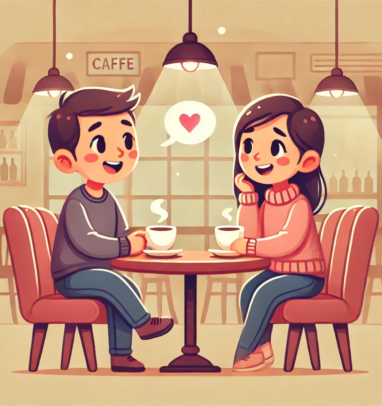 relationship check-in journal A cartoon-style illustration of a happy couple in a cozy café, deeply 