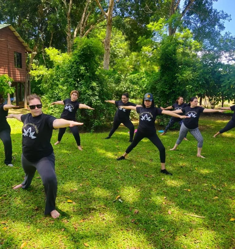 a group of people doing yoga poses in a field