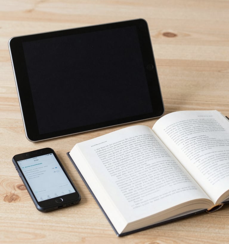 A colorful stack of digital e-books and study guides on a desk with a tablet