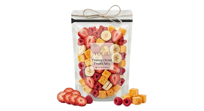 Yogic brand freeze dried fruits mix in a resealable bag with strawberries, bananas, and raspberries.