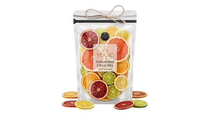 Yogic brand bag of dehydrated citrus mix slices including blood orange, lemon, and lime.