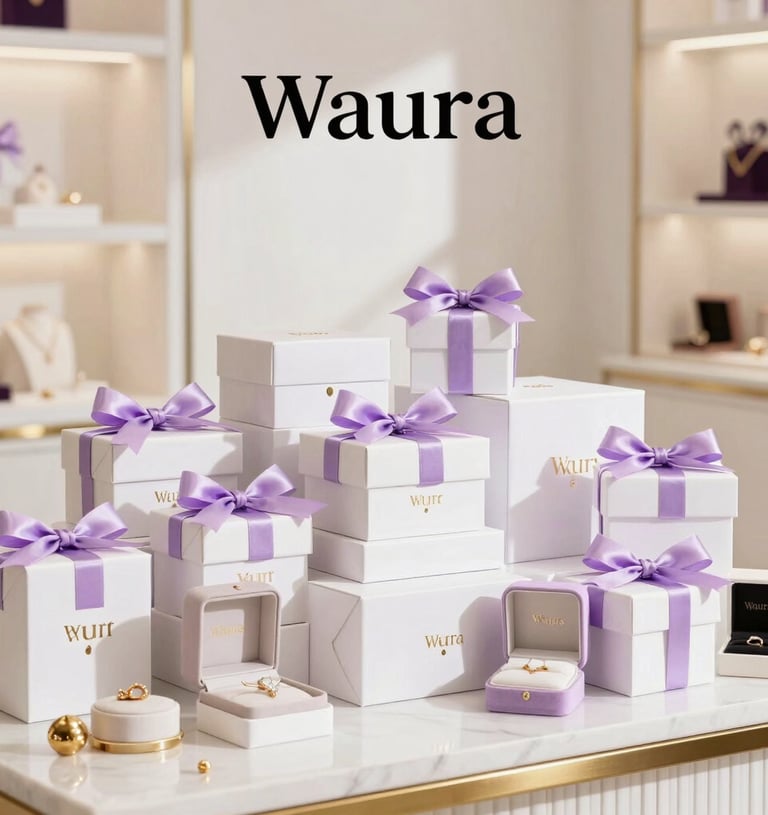 Beautifully wrapped premium gift boxes with gold and purple ribbons on a white surface