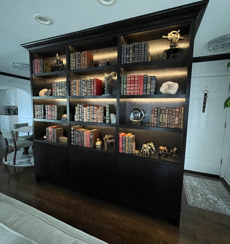 Custom black built-in bookcase with illuminated shelves and lower cabinets in a Monmouth County, NJ 