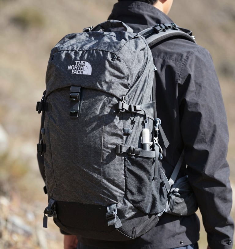 Sturdy backpacks arranged on a wooden bench with mountain peaks in background