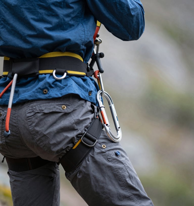 Helmet and climbing gear laid out on rocky ground near a vertical cliff