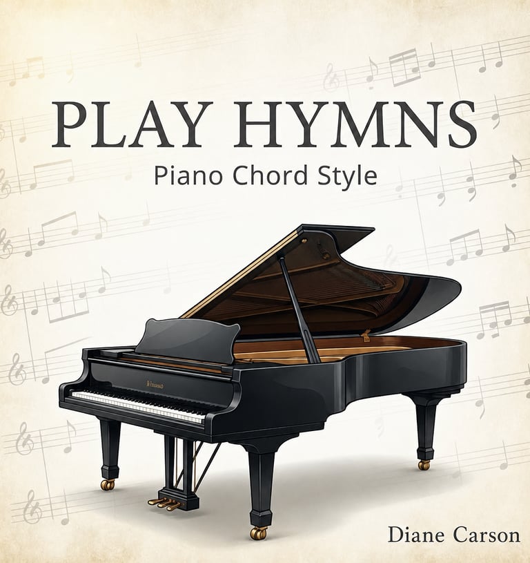 Grand piano illustration on vintage sheet music background for Play Hymns Piano Chord Style book.