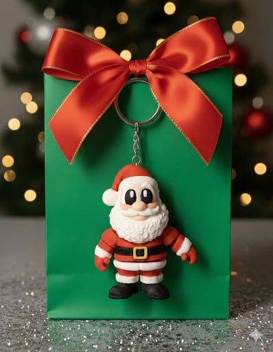 Santa Claus keychain with articulated arms, hands, head, body and legs