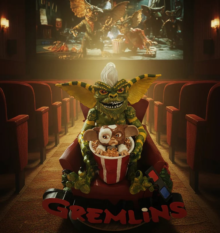 a gremlin sat in an armchair with a bucket of popcorn, drink and 3d cinema glasses