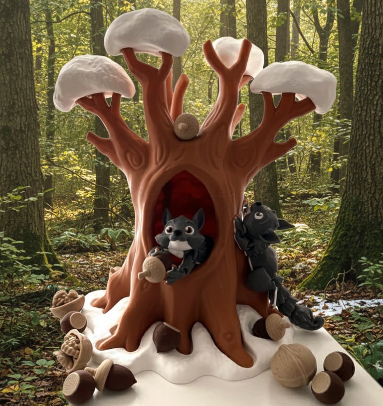 squirrels with tree, hazelnuts, walnuts and magnetic connections