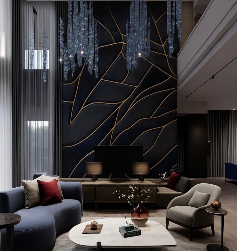 Luxury living room with decorative wall panel and contemporary furniture - Amuk Modular Pune interio