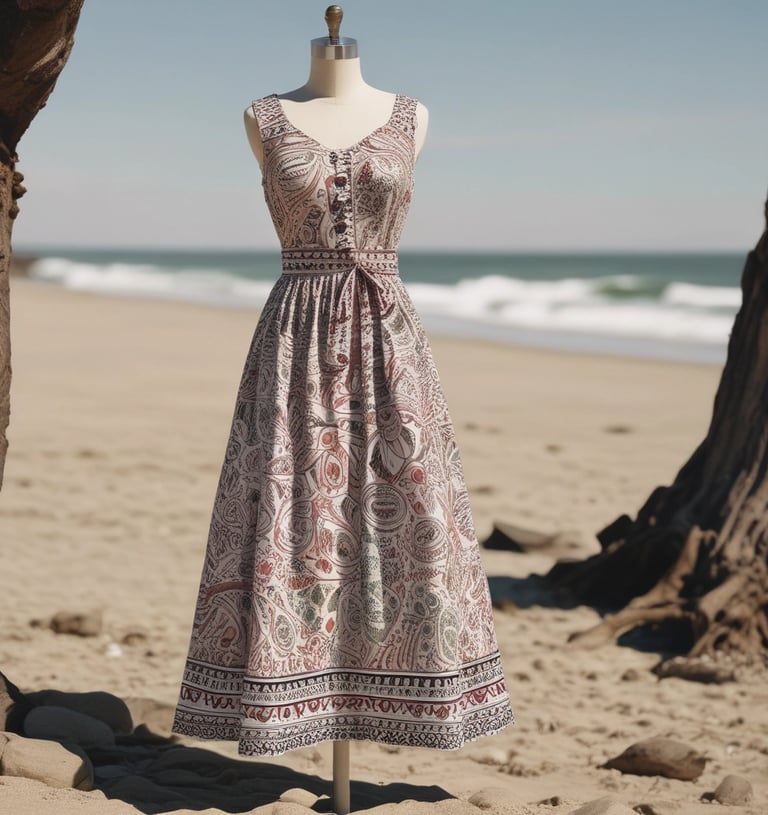A flowing summer dress draped elegantly on a mannequin with gentle natural light