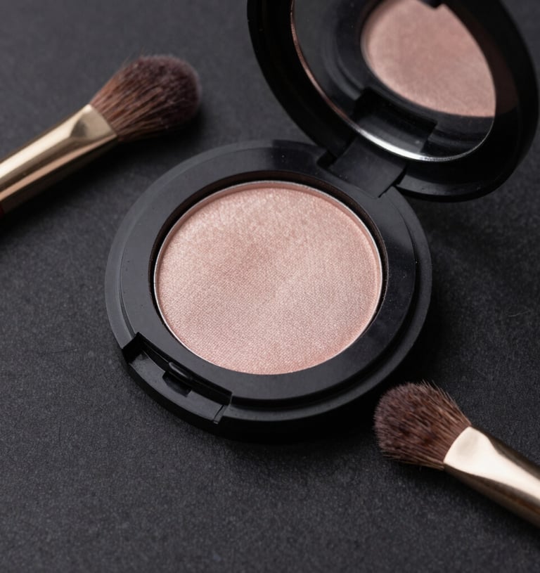 An elegant compact of shimmering gold eyeshadow with a rich black case, placed on a glossy surface.