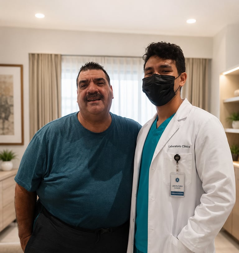 Profesional del laboratorio junto al cantante Melo Ruiz durante atención en el Hotel Spiwak Chipicha