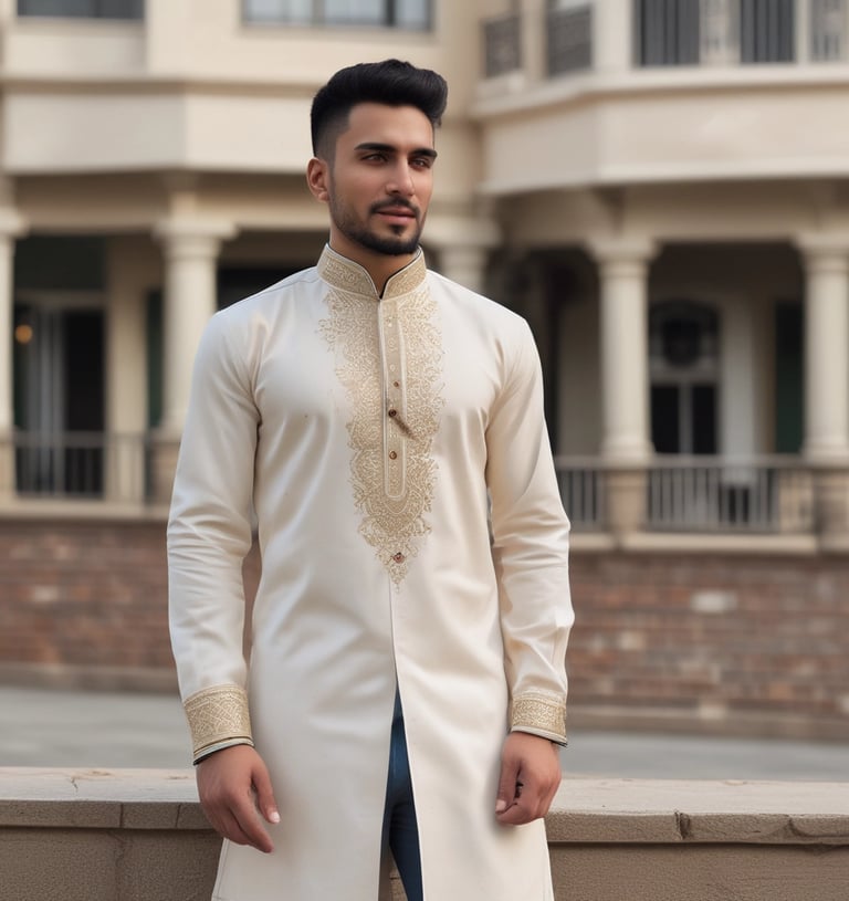 An elegant folded panjabi in deep navy blue, laid out on a wooden surface with subtle embroidery details visible