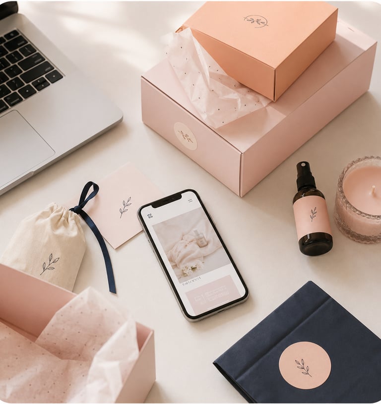 Elegant lifestyle flat lay featuring pink aesthetic product packaging ecommerce marketing