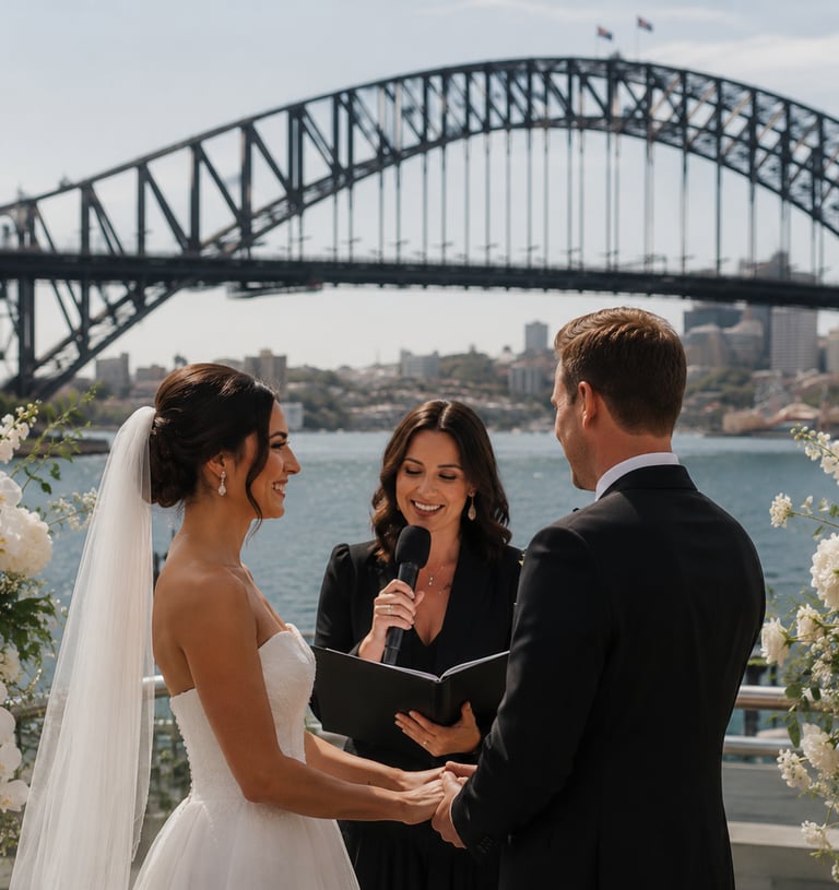 Wedding celebrant conducting a Sydney Harbour ceremony with a couple wedding vendor marketing